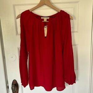 MICHAEL Michael Kors Red Blaze Split Sleeve Blouse with Gold Logo Plaque NWT XS